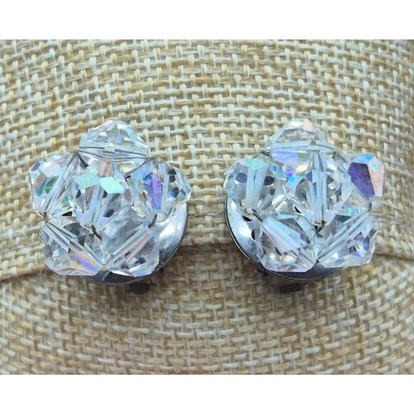 Vintage AB Crystal Collar Necklace & Clip On Cluster Earrings Set Arora Borealis - Picture 6 of 11